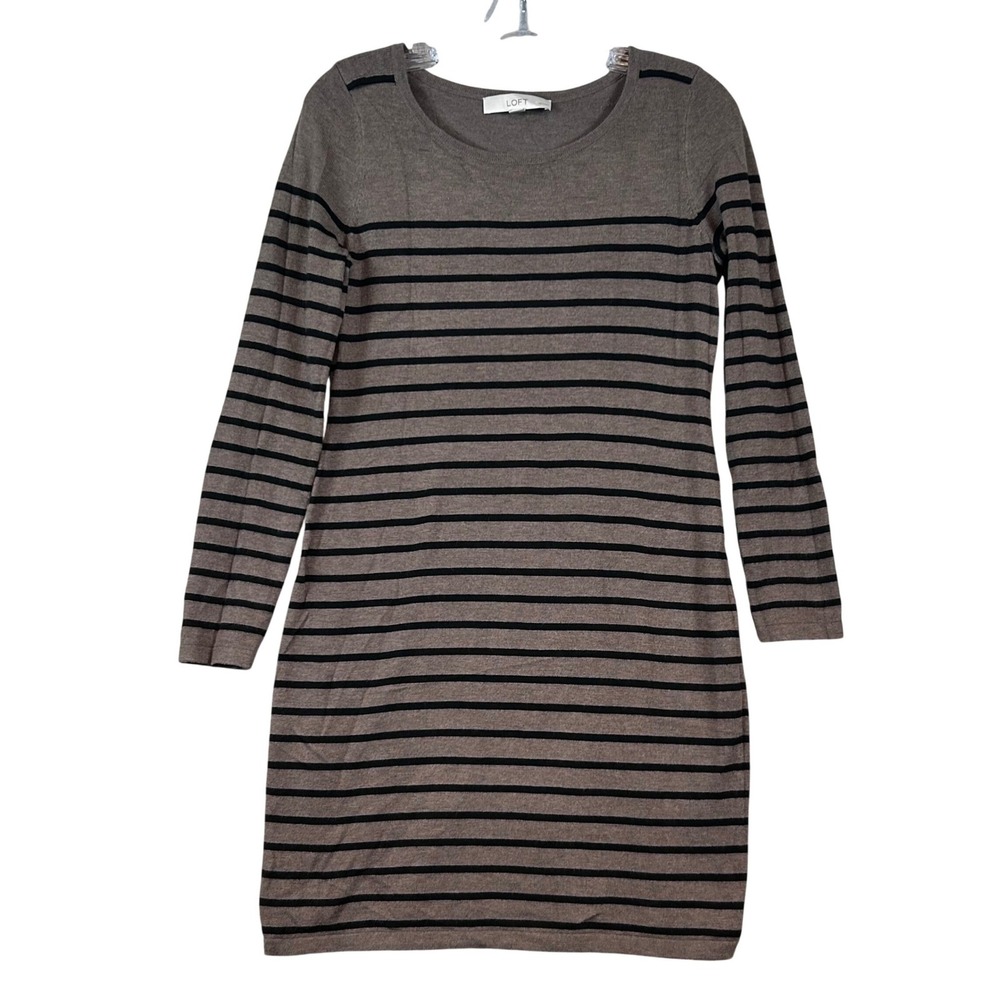 Ann Taylor Loft Petites SP Taupe‎ Black Striped Long Sleeve Knit Sweater Dress